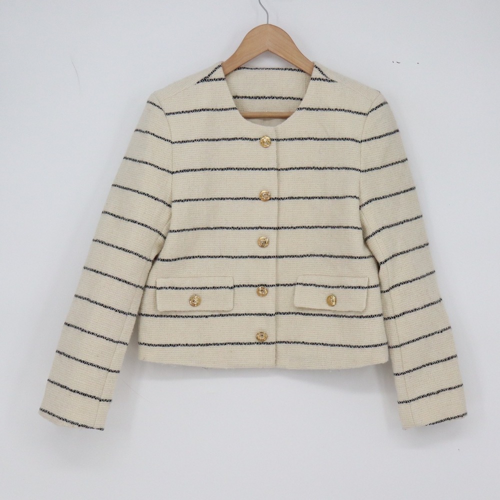 Wool Jacket Womens M Cropped Striped Cream Gold Button-Down Excellent